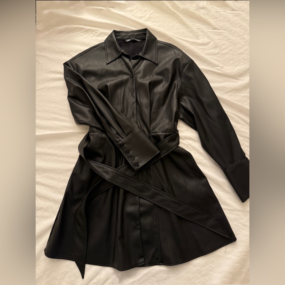 [NEW] Stylish Black Faux Leather Dress by Zara — Size XS